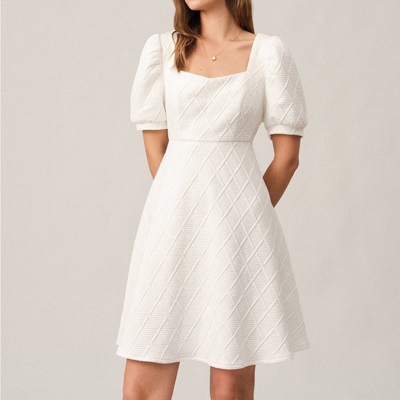 Rihoas Solid Textured Puff Sleeve Mini Dress - Picture 1 of 7
